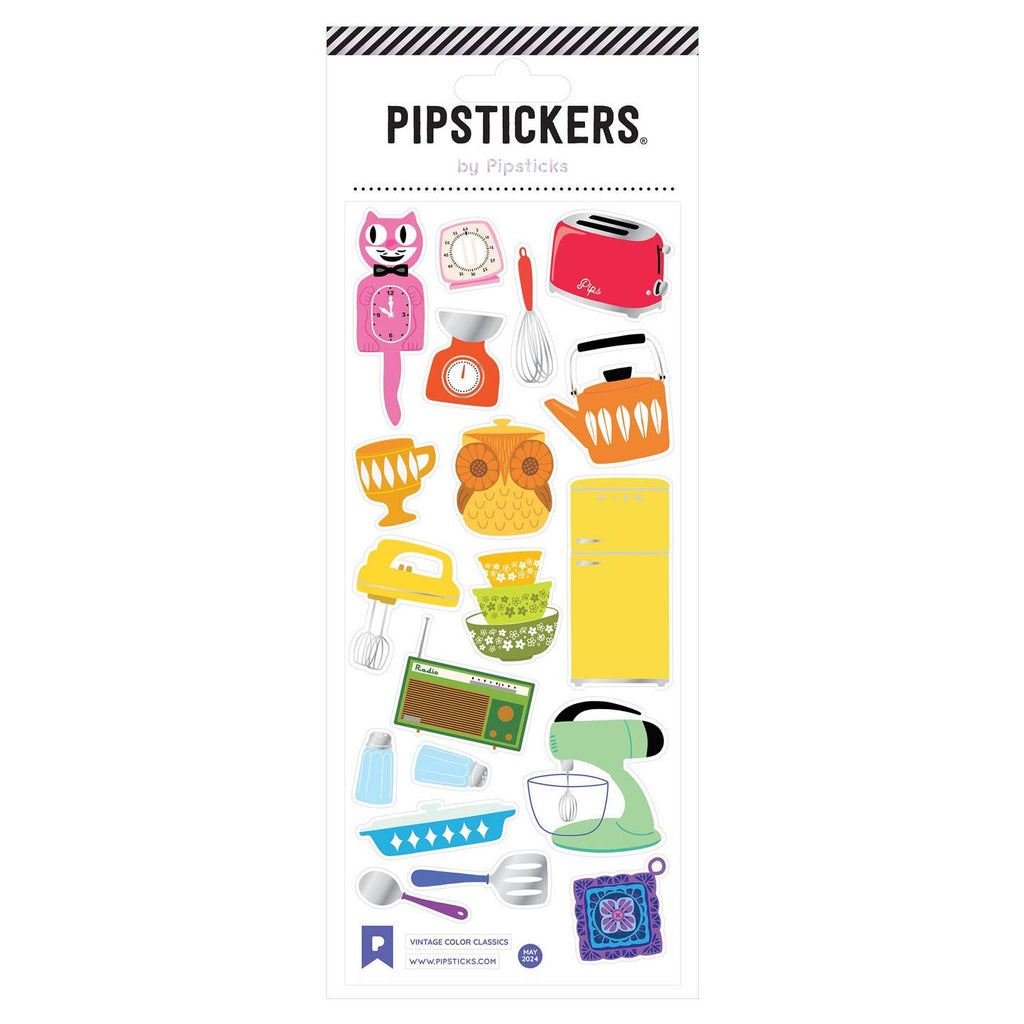 Sticker sheet with images of classic items including red toaster, pink cat clock, orange tea kettle, yellow fridge, green mixer, purple spatulas. 