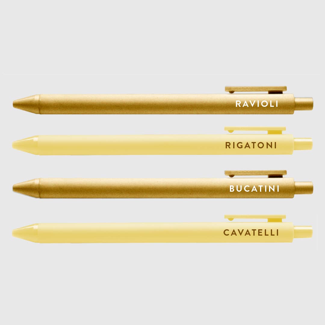 Pens in tan and pale yellow with cream and brown text says, "Ravioli, Rigatoni, Bucatini, Cavatelli".