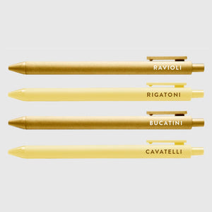 Pens in tan and pale yellow with cream and brown text says, "Ravioli, Rigatoni, Bucatini, Cavatelli".