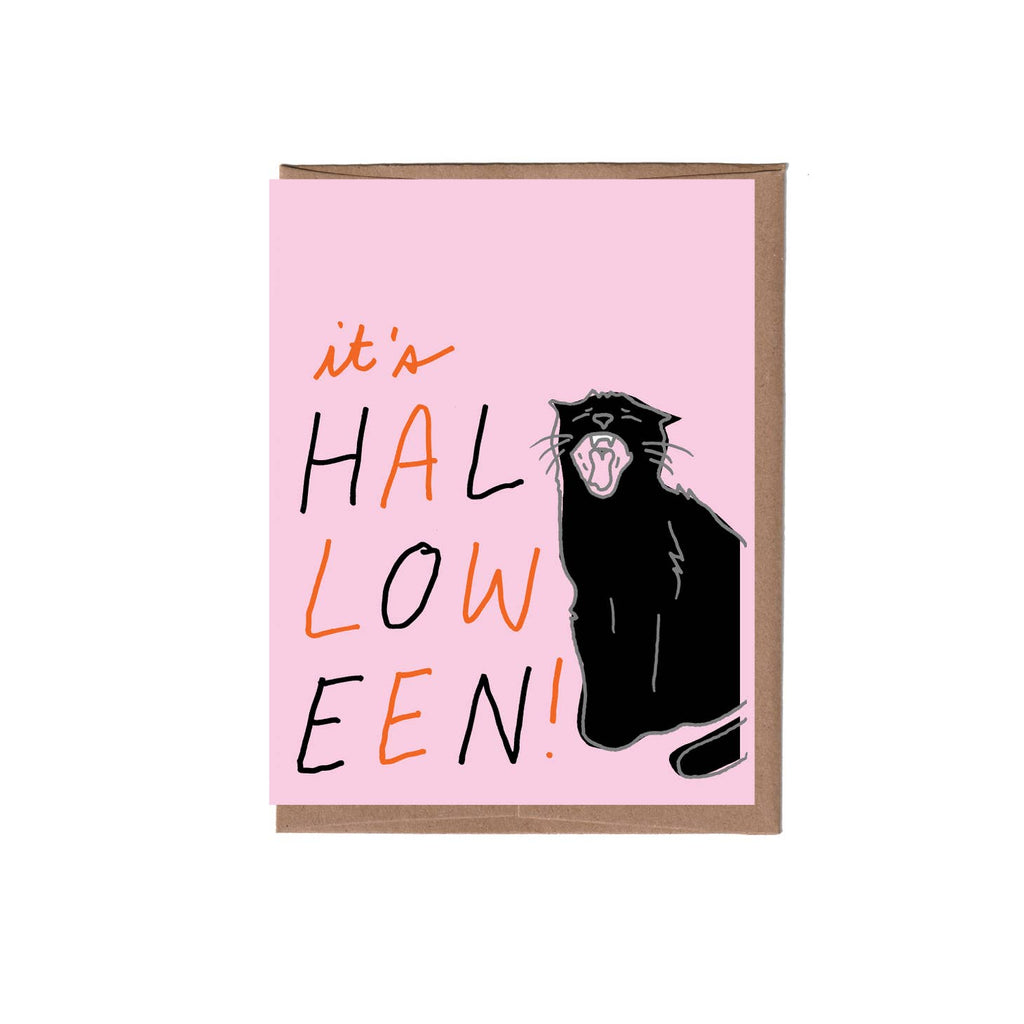 Pink background with image of black cat and black and orange text says, "It's Halloween!". Kraft envelope included. 