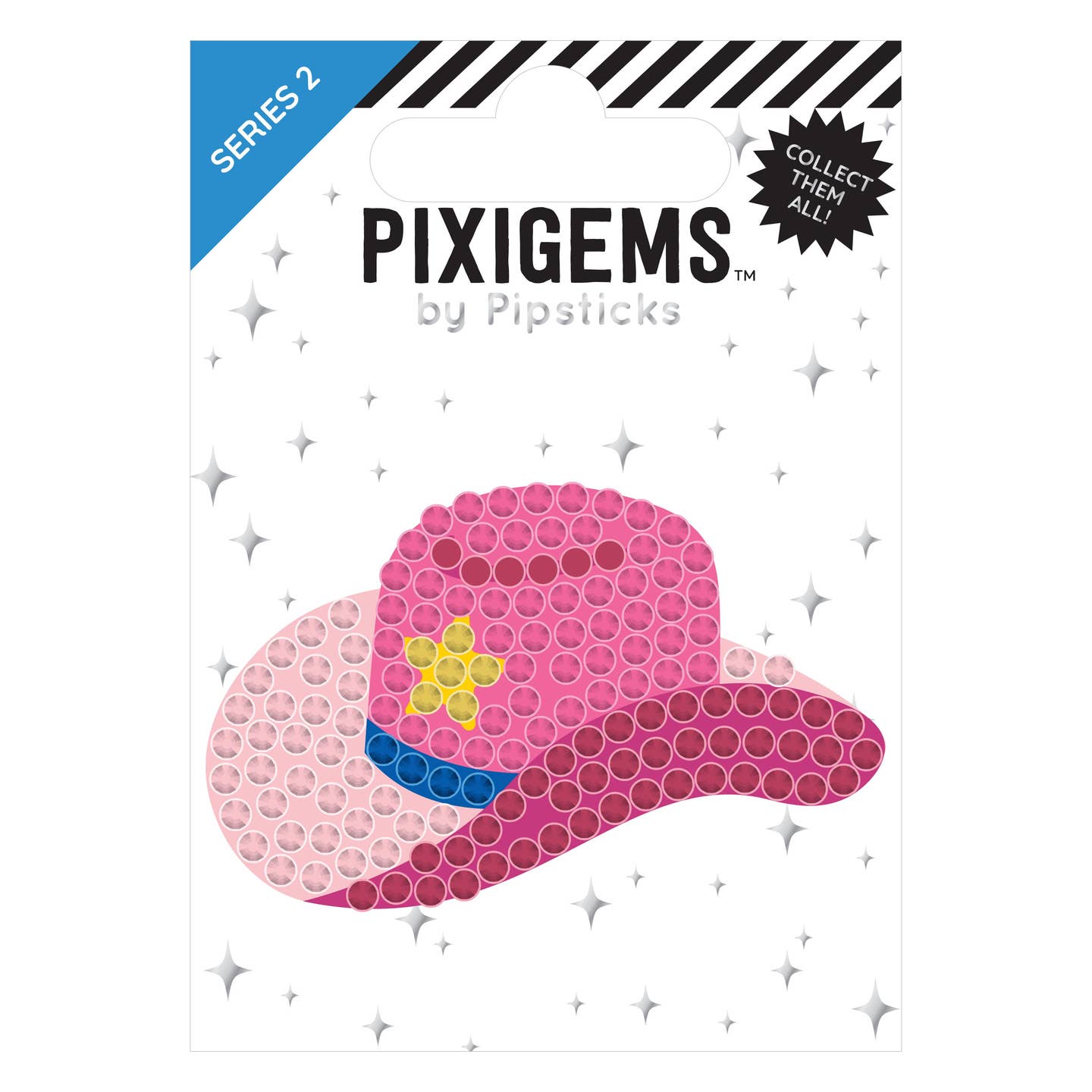 Sticker in the image of pink cowboy hat with blue band and yellow star. 
