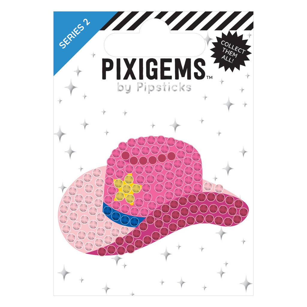 Sticker in the image of pink cowboy hat with blue band and yellow star. 