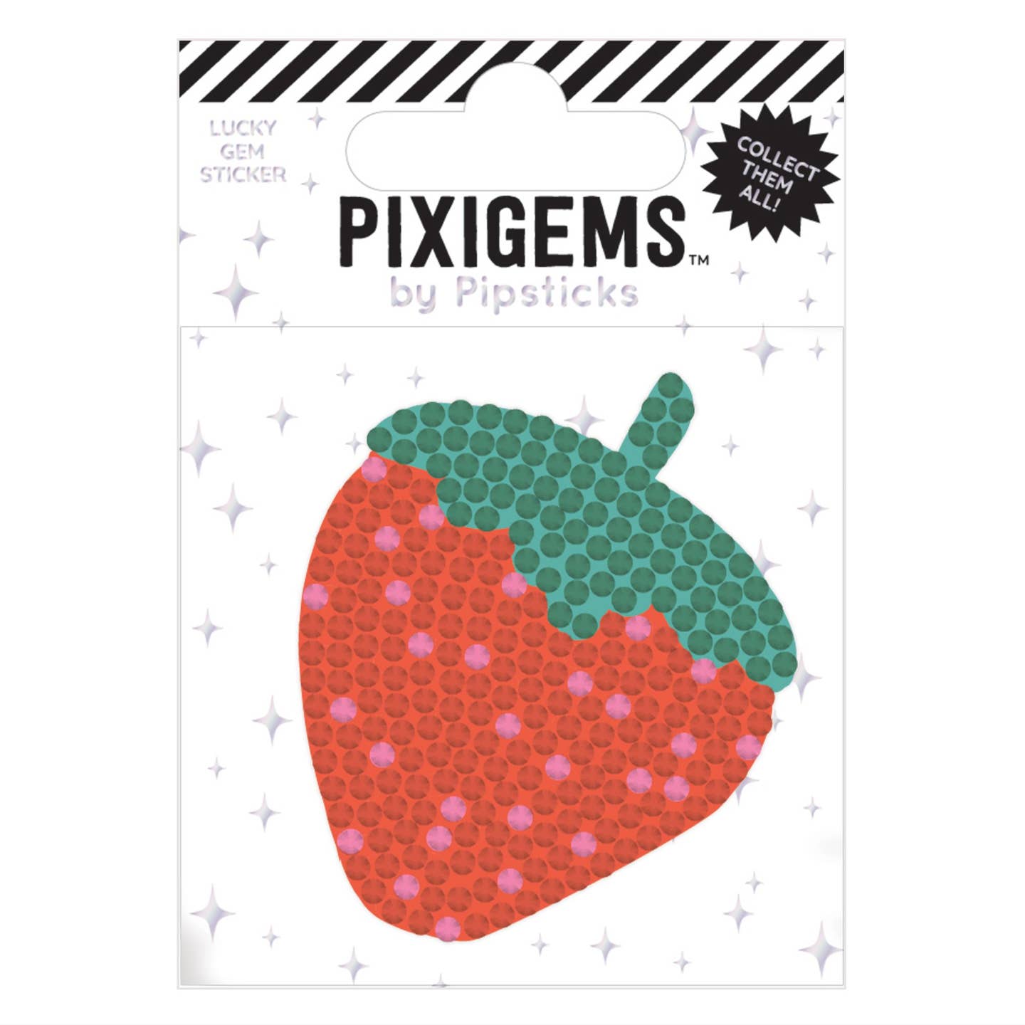Sticker in the image of a red strawberry with green top and stem. 