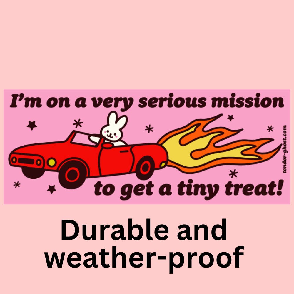 Decorative bumper sticker with pink background and image of a white bunny driving a red sports car with flames coming out the back with black text says, "I'm on a very serious mission to get a tiny treat!".