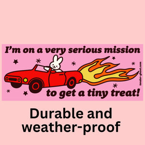 Decorative bumper sticker with pink background and image of a white bunny driving a red sports car with flames coming out the back with black text says, "I'm on a very serious mission to get a tiny treat!".