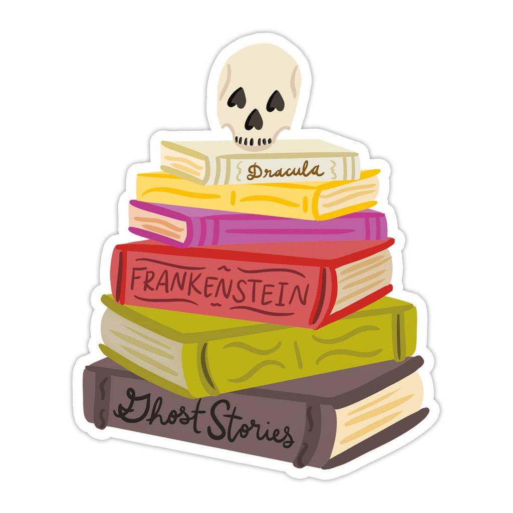 Decorative sticker in the shape of a stack of book with a skull on top of stack. Black text on book bindings says, "Dracula, Frankenstein, Ghost stories". 