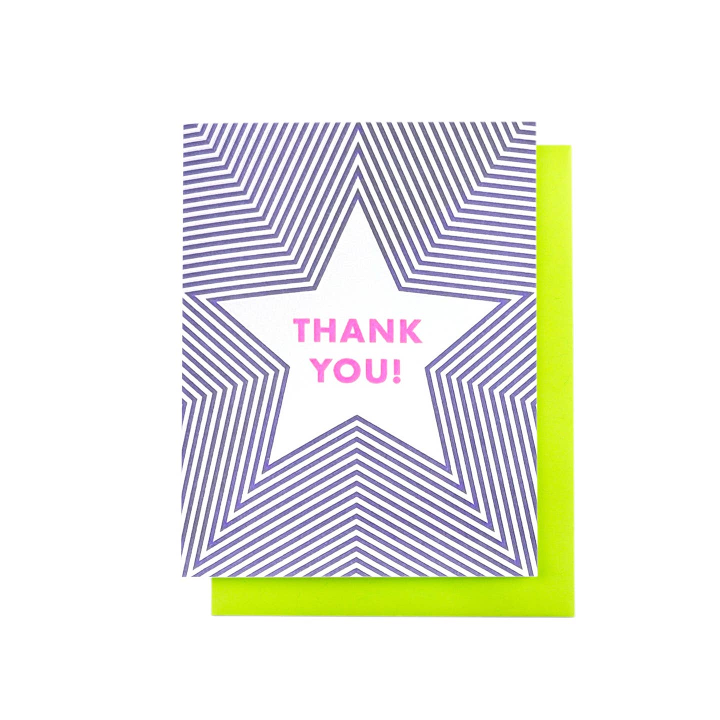 Greeting card with white star in the middle with pink text says,"Thank you!" and purple and white striped lines emanating from the star. Neon green envelope included. 
