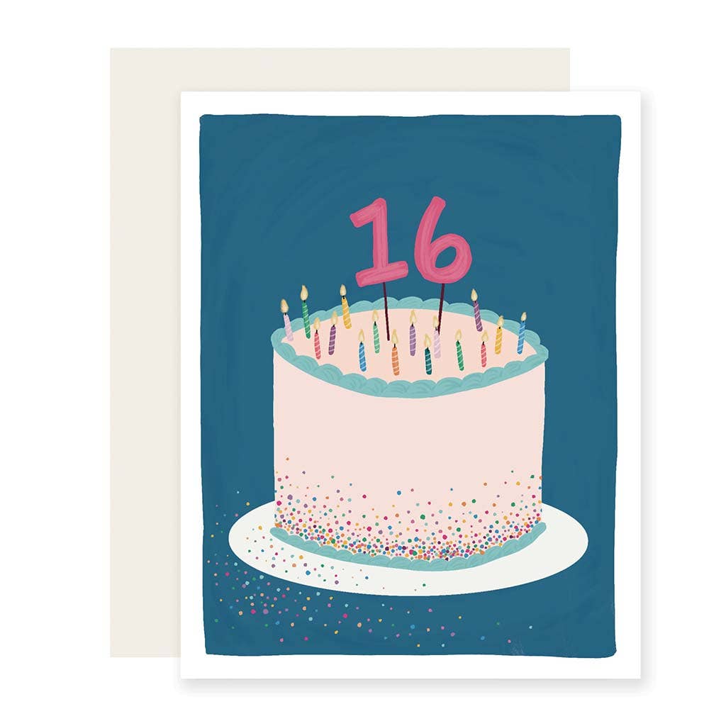 White border with blue background with image of white birthday cake with 16 candles and number sixteen candle. White envelope included. 