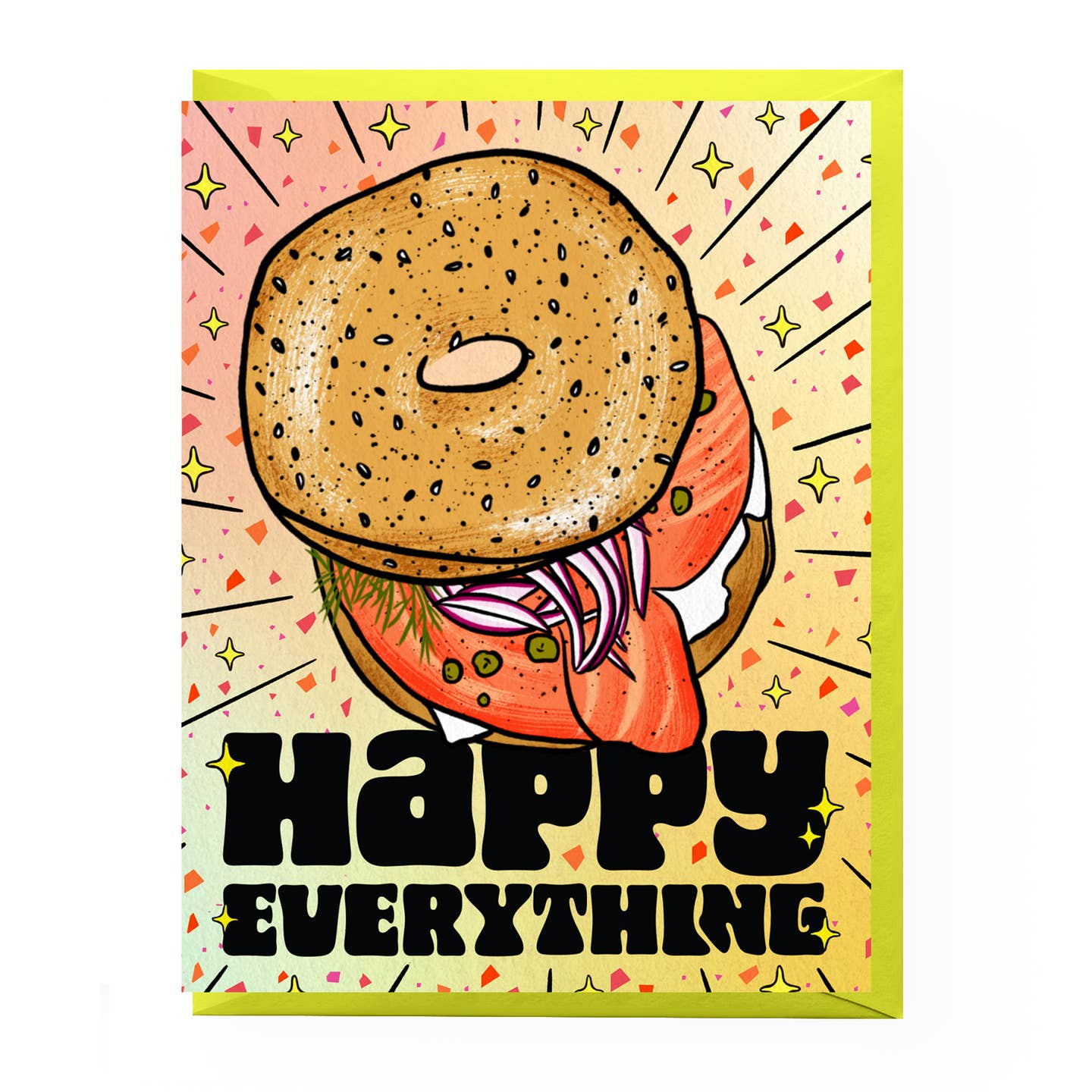 Greeting card with neon background and image of an everything bagel with cream cheese, lox and onion. Black text says, "Happy Everything". Neon green envelope included.