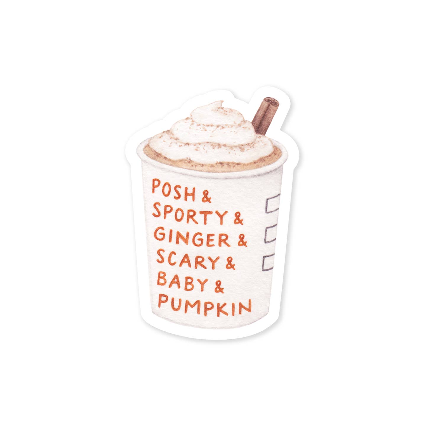 Image of cup of pumpkin spice latte with white background and brown cinnamon stick and orange text says, "Posh & Sporty & Ginger & Scary & Baby & Pumpkin".