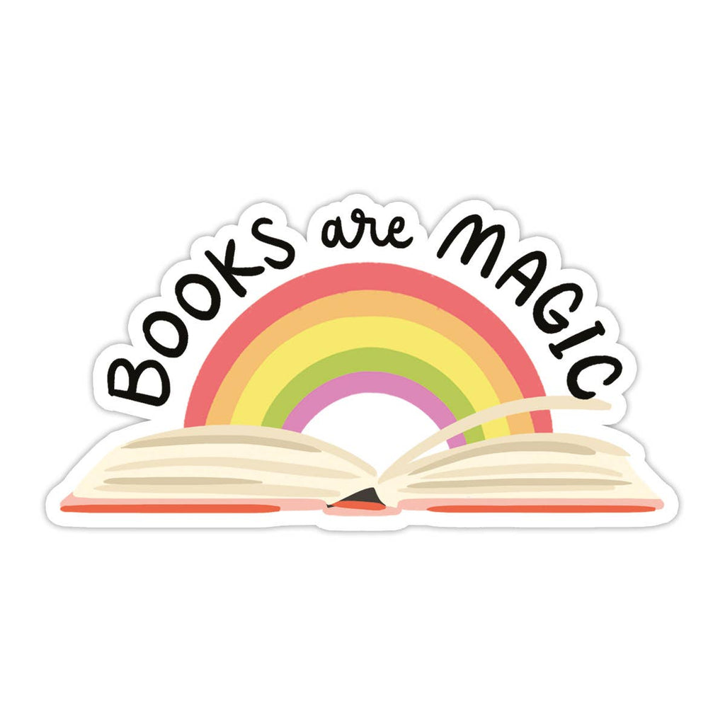 Image of sticker with image of open book with a rainbow over it and black text says, "Books are magic".