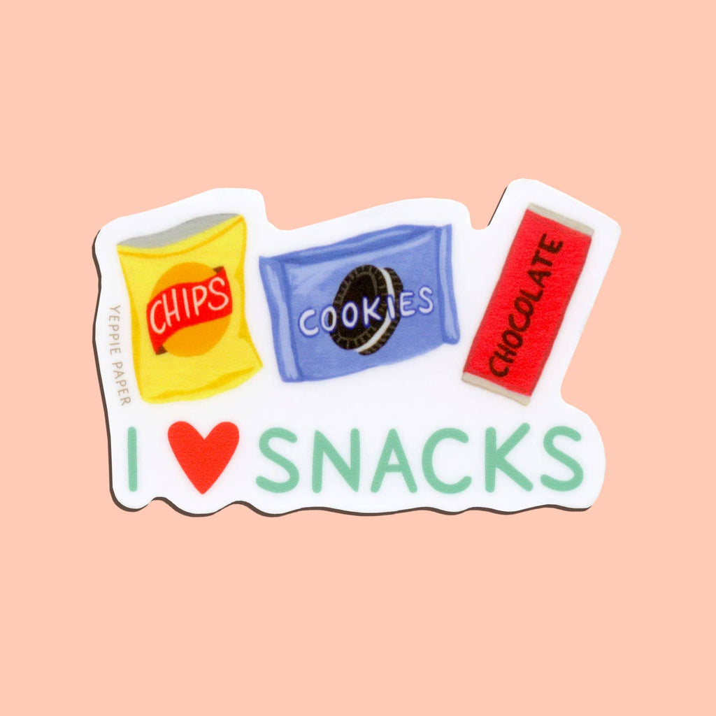 Decorative sticker with white background and images of chips, oreos, candy bar with green text and red heart says, "I snacks". 