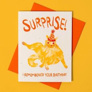 Greeting card with white background and image of a yellow cat wearing an orange party hat and spreading its back legs with orange text says, "Surprise! I remembered your birthday". Orange envelope included.