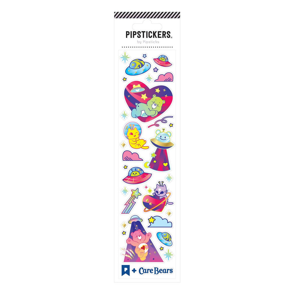 Decorative sticker sheet with images of Care Bears and their kitties in space. 