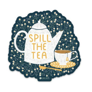 Sticker with blue background and image of a white teapot and tea cup with yellow text says,"Spill the tea". 