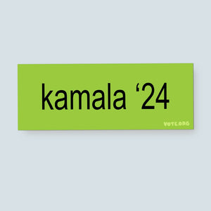 Bumper sticker with bright green background and black text says, "Kamala "24". 