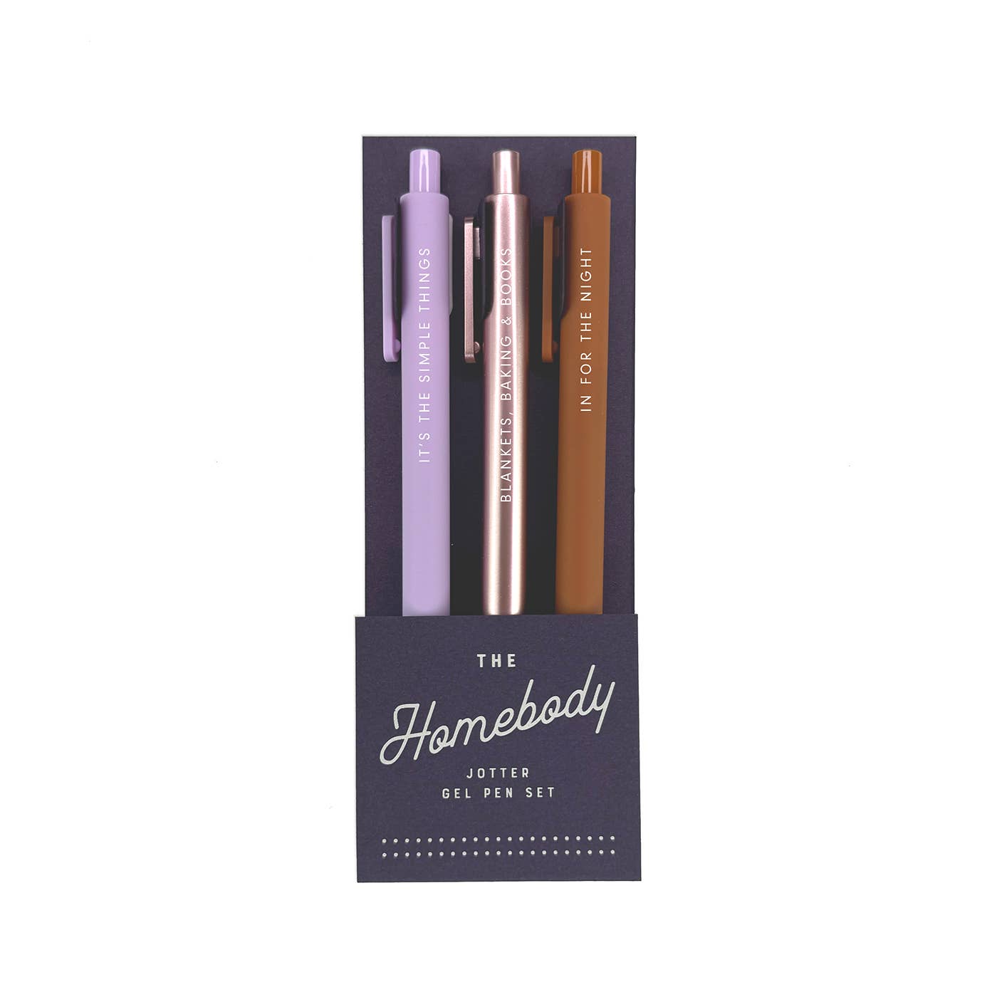 Pen set with lilac, rose gold and brown pens. White text says, "It's the simple things, Blankets, Baking & books, In for the night". 