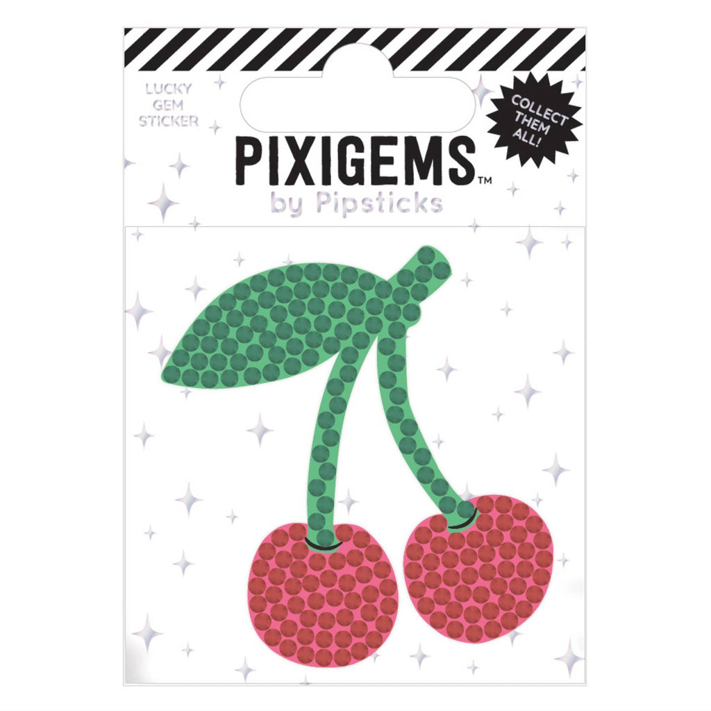 Sticker in shape of a pair of cherries with green stem and leaves.