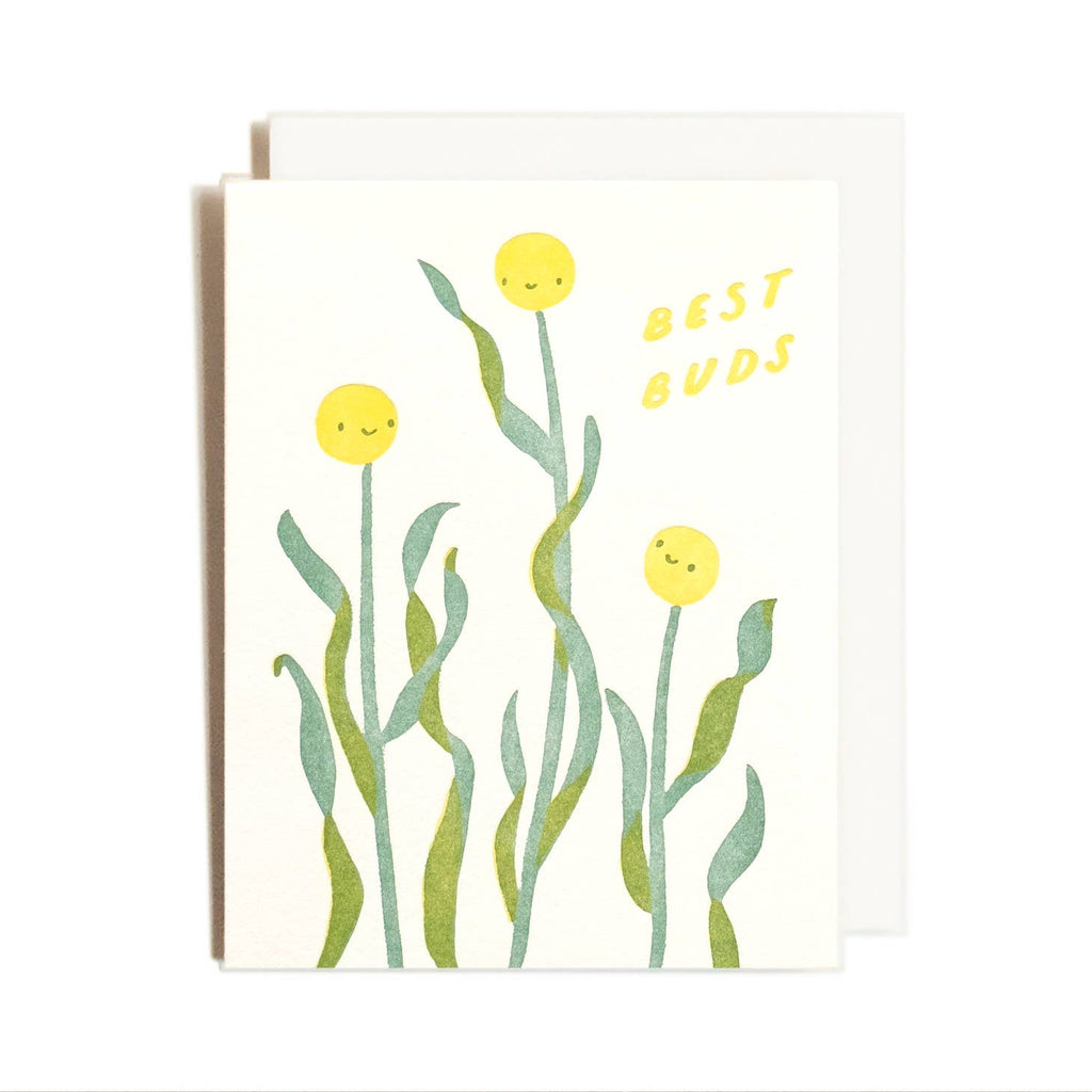 greeting card with 3 yellow dandelions with smiley faces.