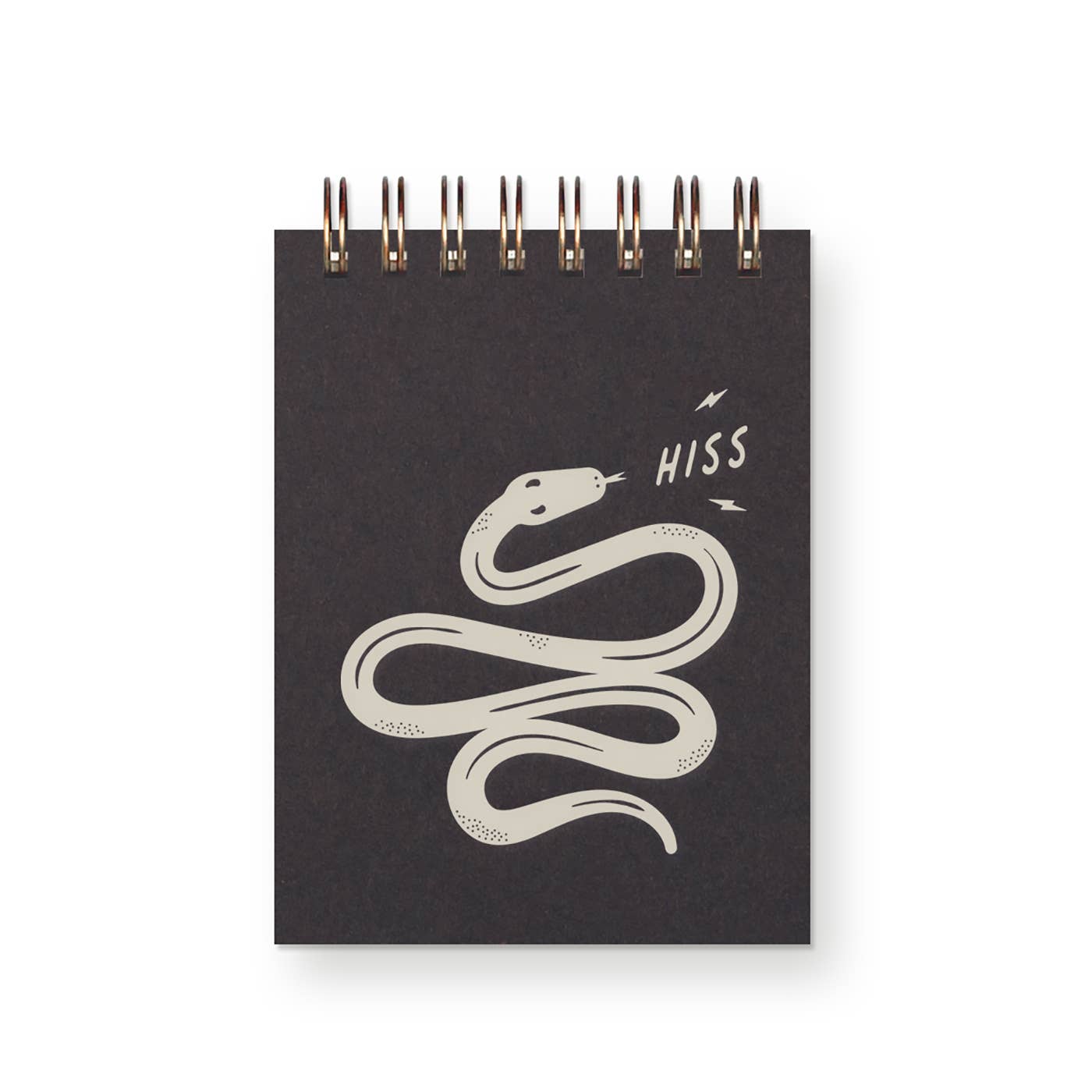 Pocket notebook with black cover and grey image of a snake with grey text says, "Hiss". Coiled binding at top.