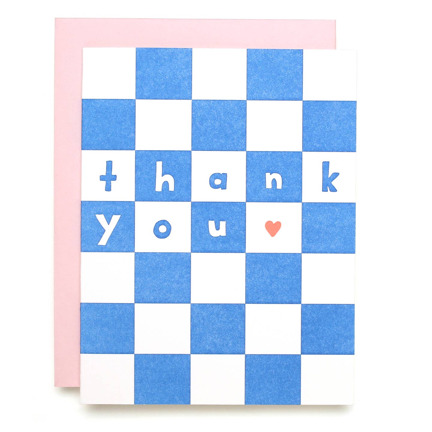 Greeting card with blue and white checkered background and blue and white text says, "Thank you" with small red heart in white space.  Pink envelope included. 