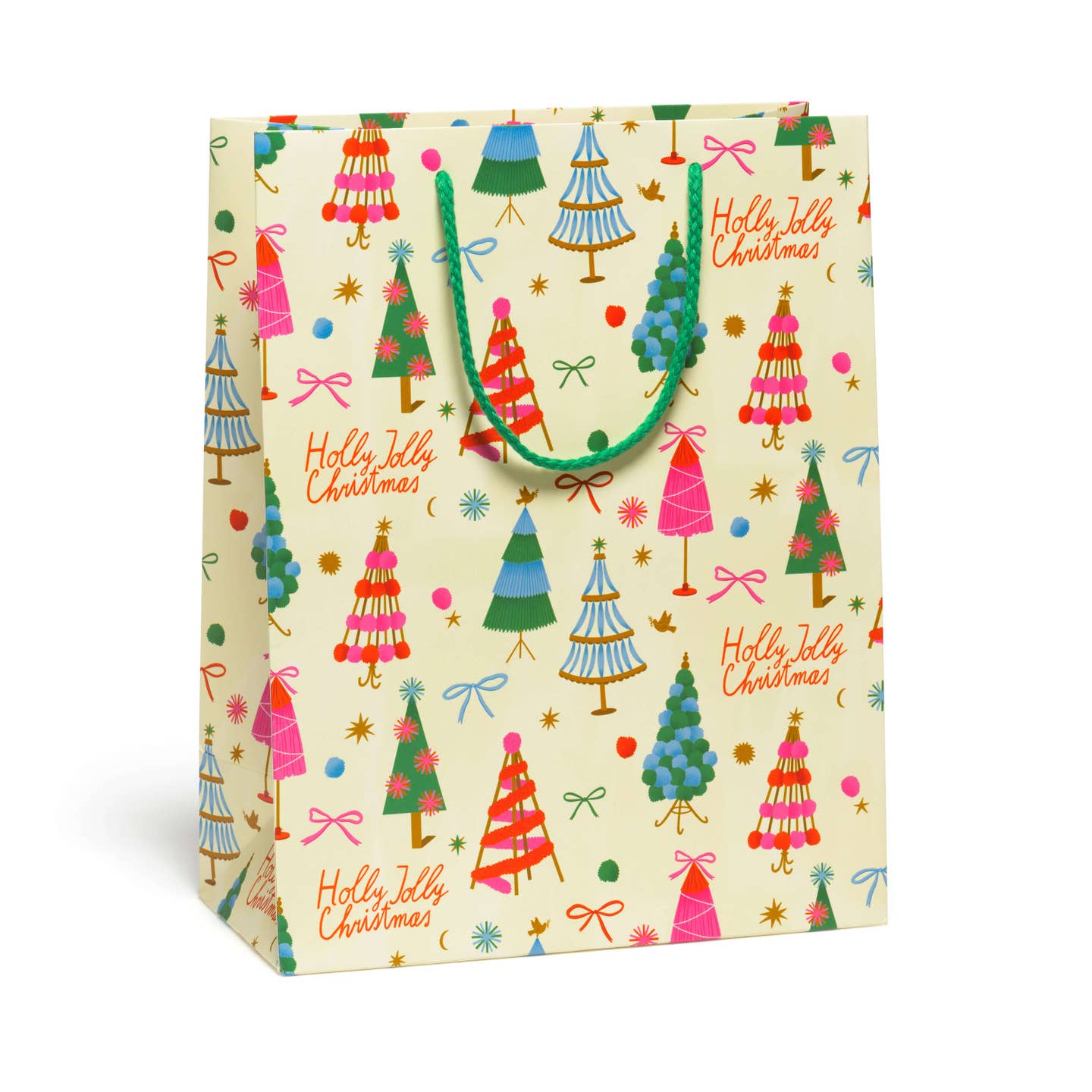 Gift bag with cream background and images of trees and bows with red text says "Holly Jolly Christmas". Green cord handle. 