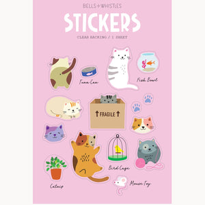 Sticker sheet with pink background and images of cats in different poses and images of can of tuna, dish bowl, paw prints, bird cage and toy mouse. 