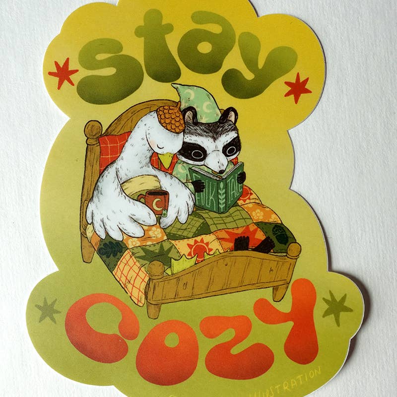 Stay Cozy Goose and Raccoon Sticker