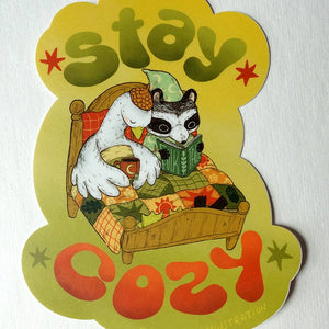 Stay Cozy Goose and Raccoon Sticker