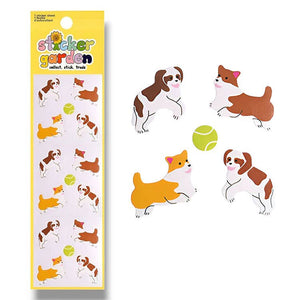 Image of a sticker sheet with images of dogs and a tennis ball.