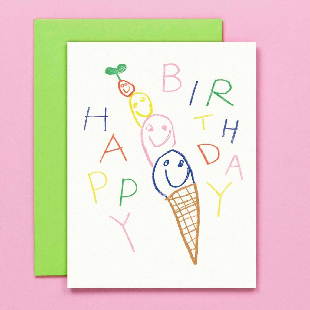 Greeting card with white background and image of a four scoop ice cream cone with text says, "Happy Birthday" Green envelope included. 