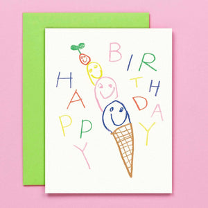 Greeting card with white background and image of a four scoop ice cream cone with text says, "Happy Birthday" Green envelope included. 