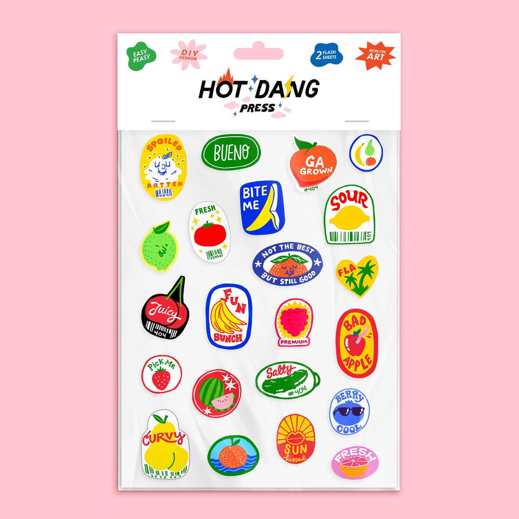 Image of iron on appliques in the shape of produce stickers for bananas, oranges, lime, peaches, watermelon, etc. 
