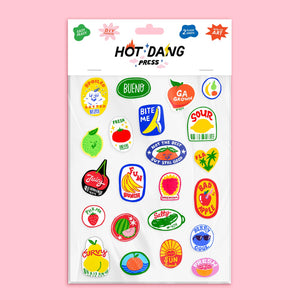 Image of iron on appliques in the shape of produce stickers for bananas, oranges, lime, peaches, watermelon, etc. 