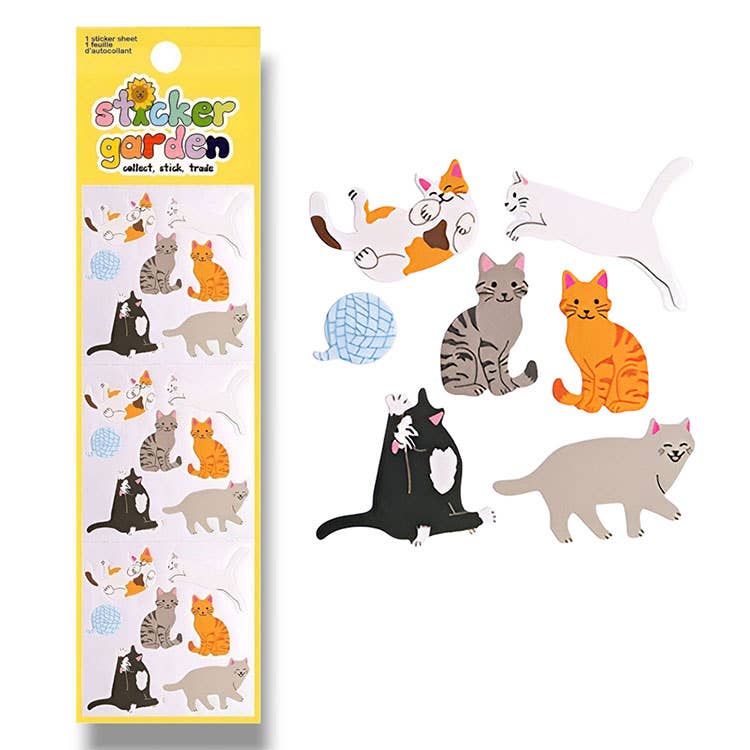 Image of a sticker sheet with images of cats in black and white, yellow, grey and calico. 