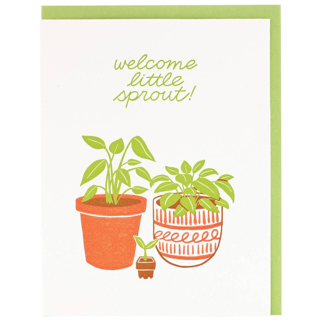 Greeting card with white background and images of two plants and a baby sprout with green text says, "Welcome little sprout!". Green envelope included. 