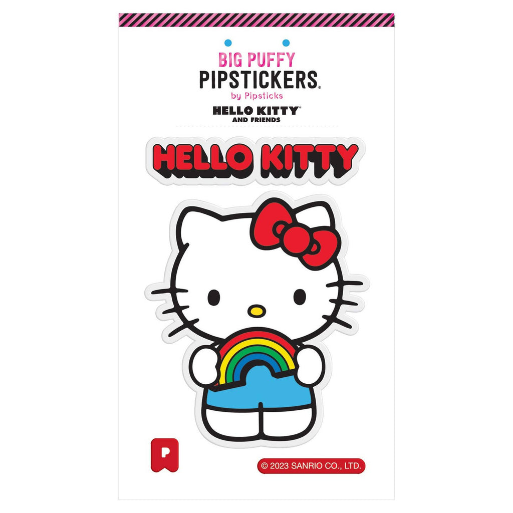 Sticker image of Hello Kitty with red bow and holding a rainbow. 