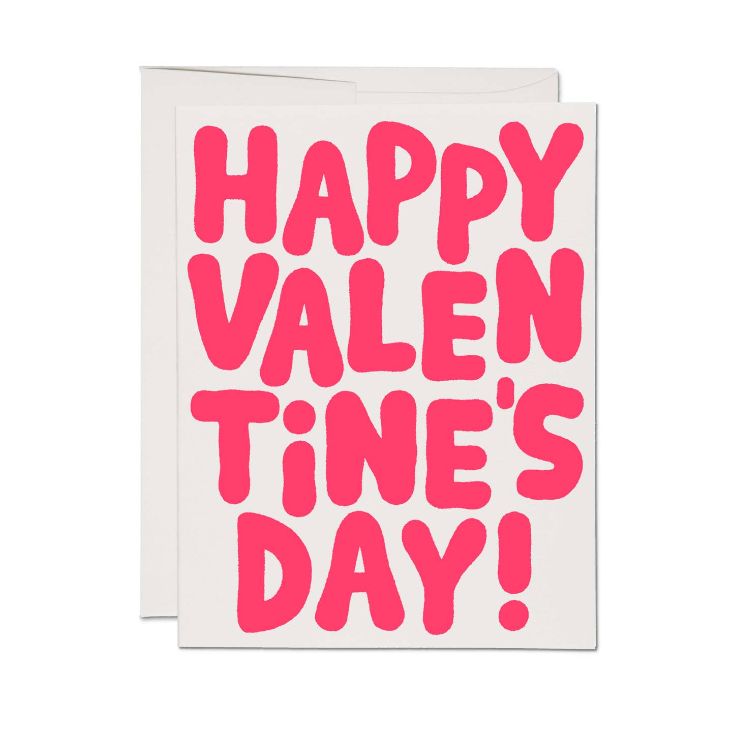 Greeting card with white background and red bubble text says, "Happy Valentine's Day!". White envelope included. 