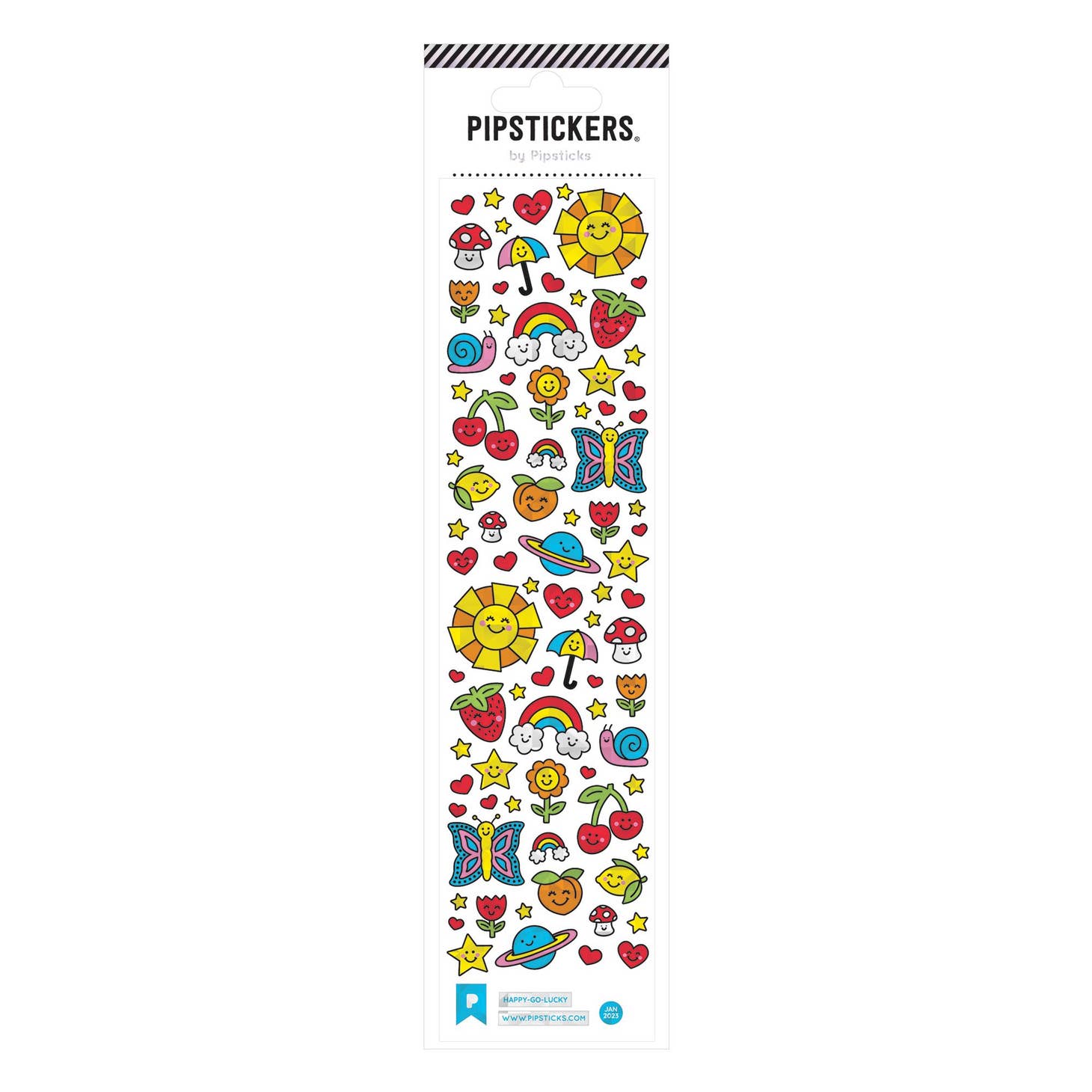 Sticker sheet with images of sun, umbrellas, rainbow, planets and flowers with smiling face in bright colors. 
