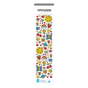 Sticker sheet with images of sun, umbrellas, rainbow, planets and flowers with smiling face in bright colors. 