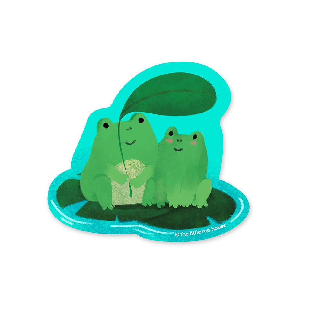 Image of sticker with aqua background with image of two frogs, one holding a large leaf over their heads. 