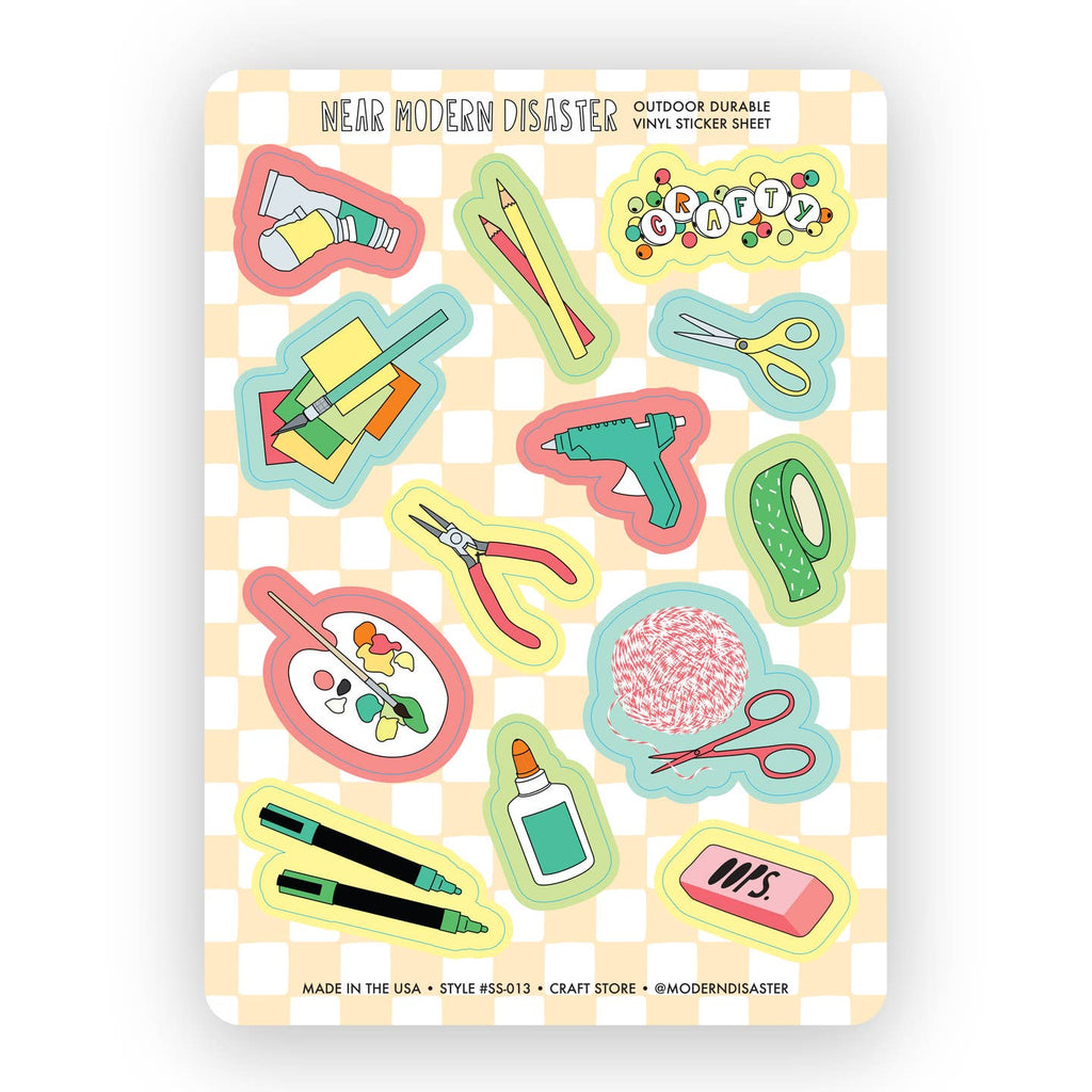 Sticker sheet with peach and white checkboard background with images of individual stickers as pencils, scissors, glue, glue gun, tape and paper. 