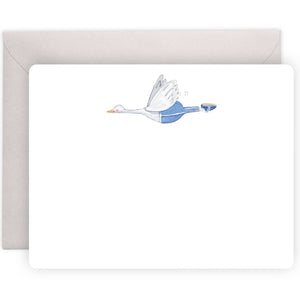 White background with image of a white flying goose wearing blue jogging pants and blue sneakers.  Pale grey envelope is included. 