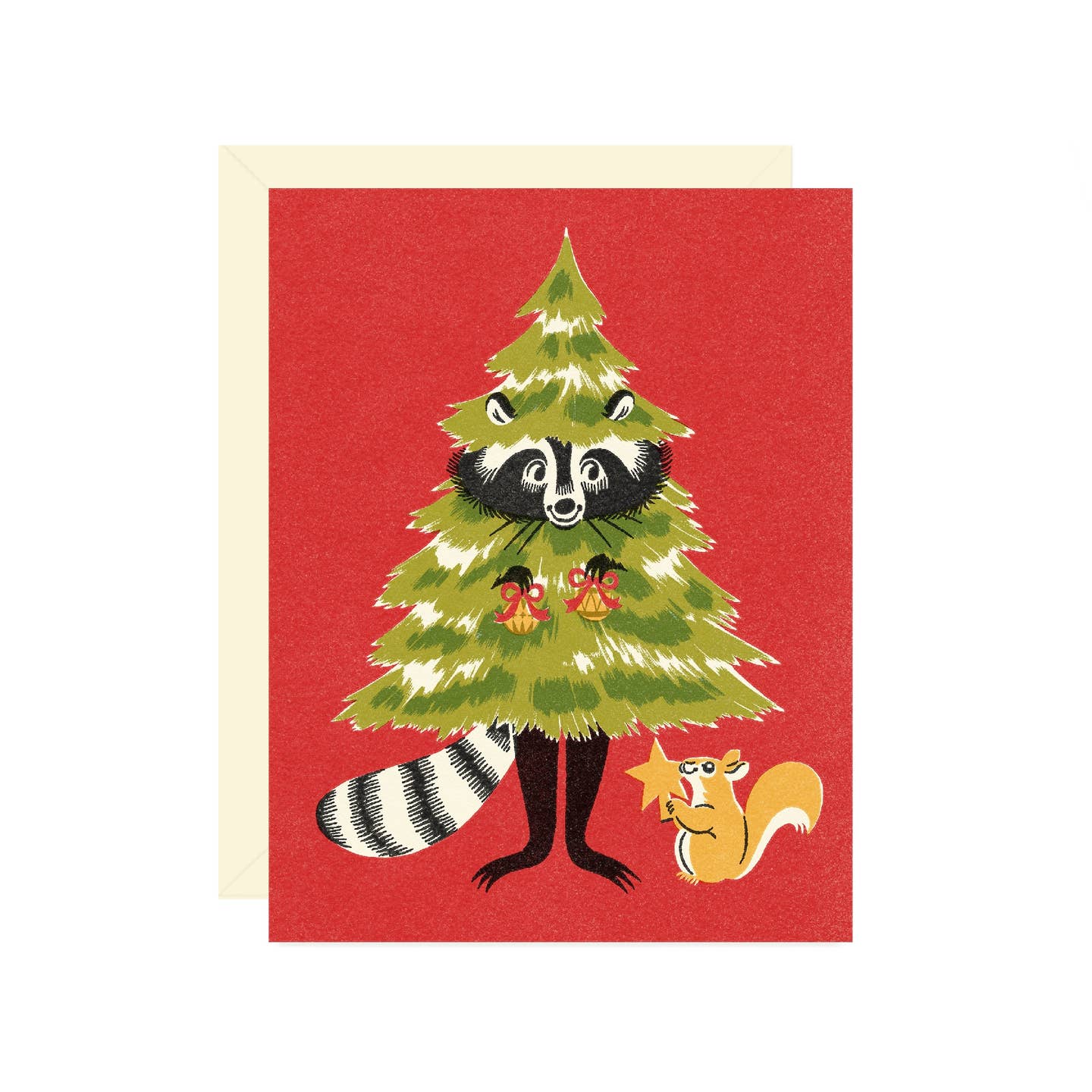 Greeting card with red background and image of a raccoon wearing a holiday tree holding two ornaments and a squirrel holding a star. Envelope included.