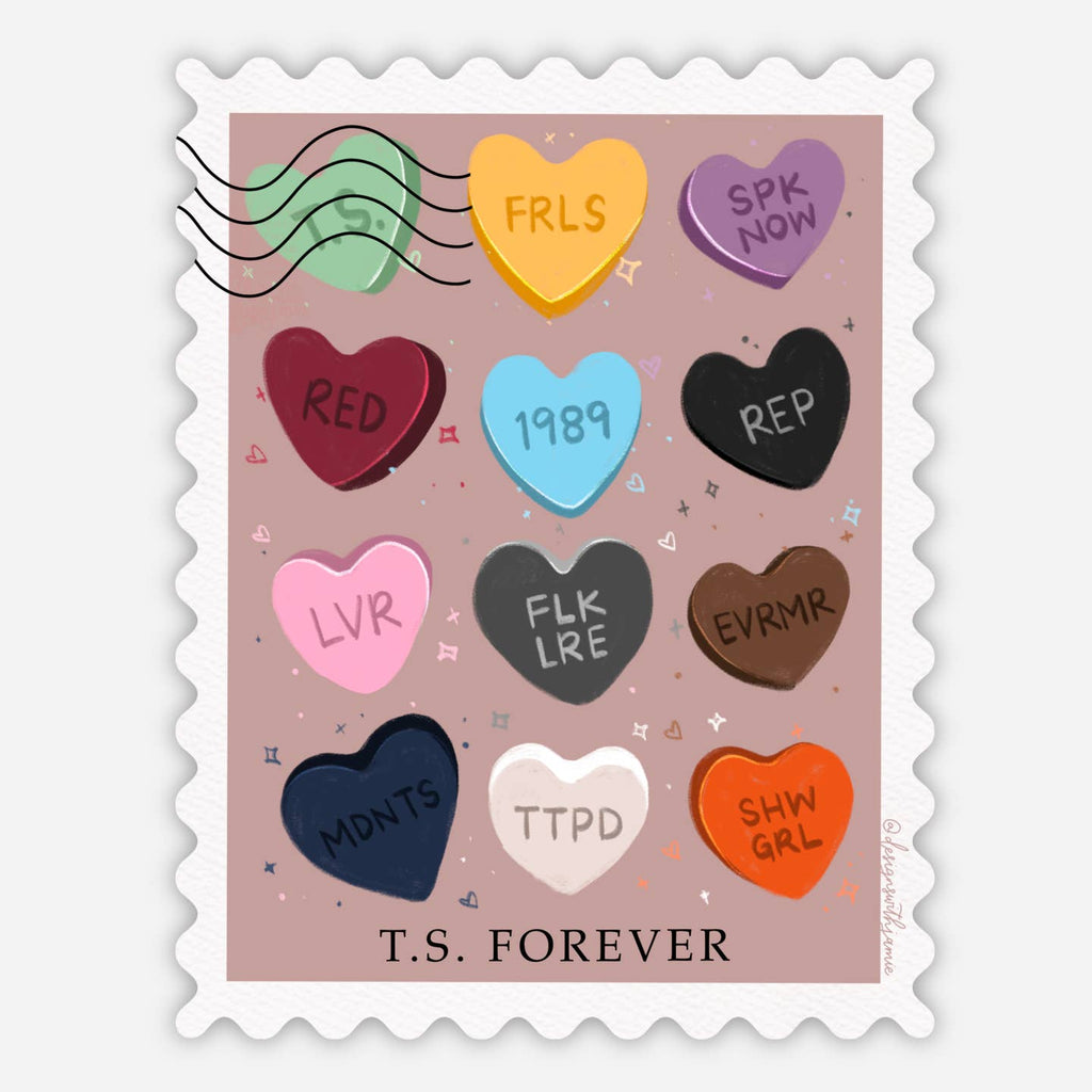 Decorative sticker with image of a forever postage stamp with pink background and white border with twelve hearts representing Taylor Swift Era albums.