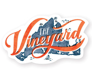 Decorative sticker with white background and image of blue island of Martha's Vineyard with red text says,"The Vineyard". 