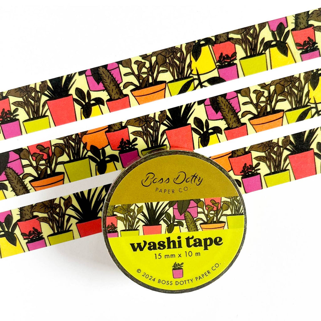 Decorative tape with neon green background and images of plants in dark and olive green in pots in neon colors. 