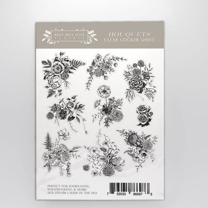 Sticker sheet with images of flower bouquets in black drawings on white background. 
