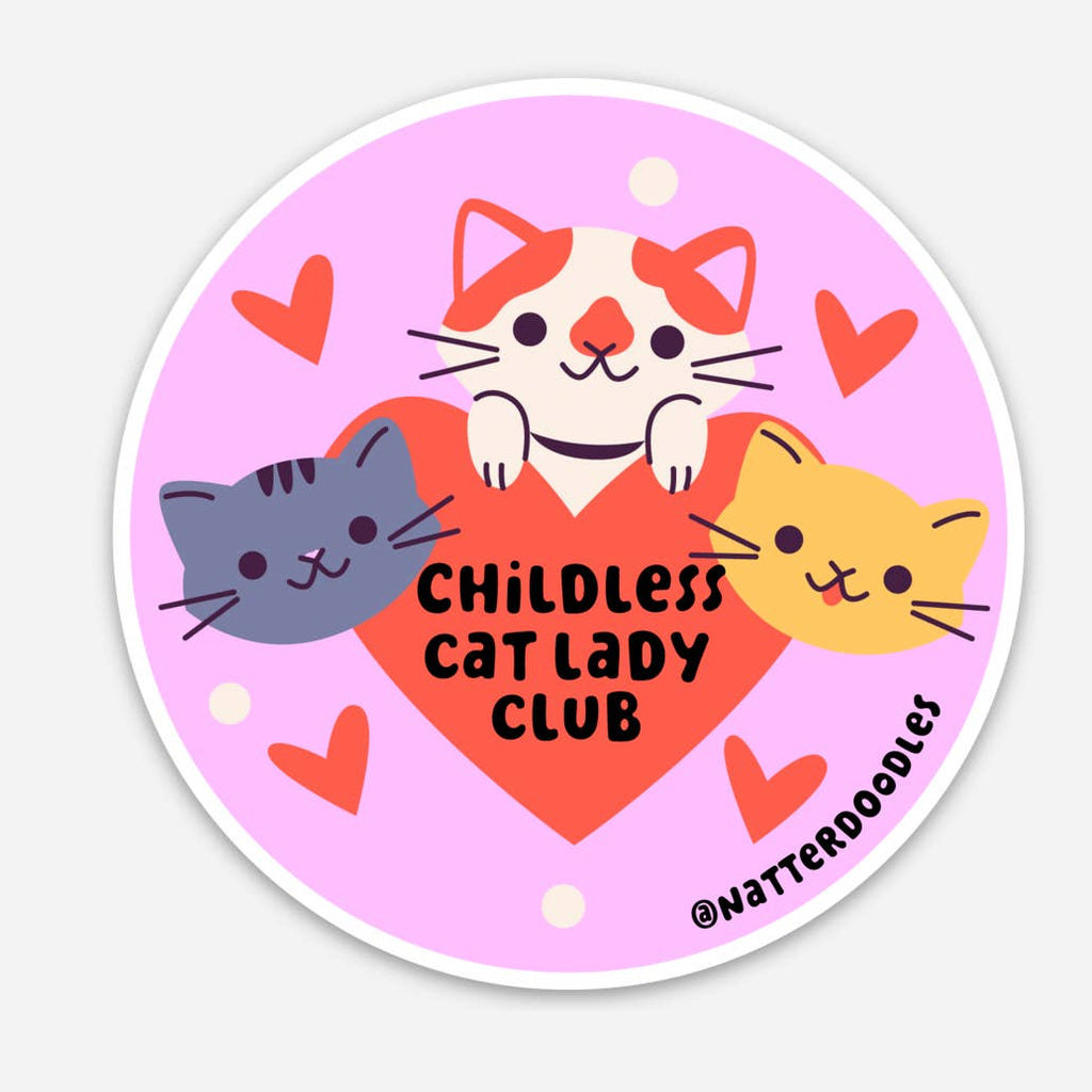 Decorative sticker image of circle with pink background with image of three cats in grey, orange and white and yellow with red heart with black text says, "Childless cat lady club". 