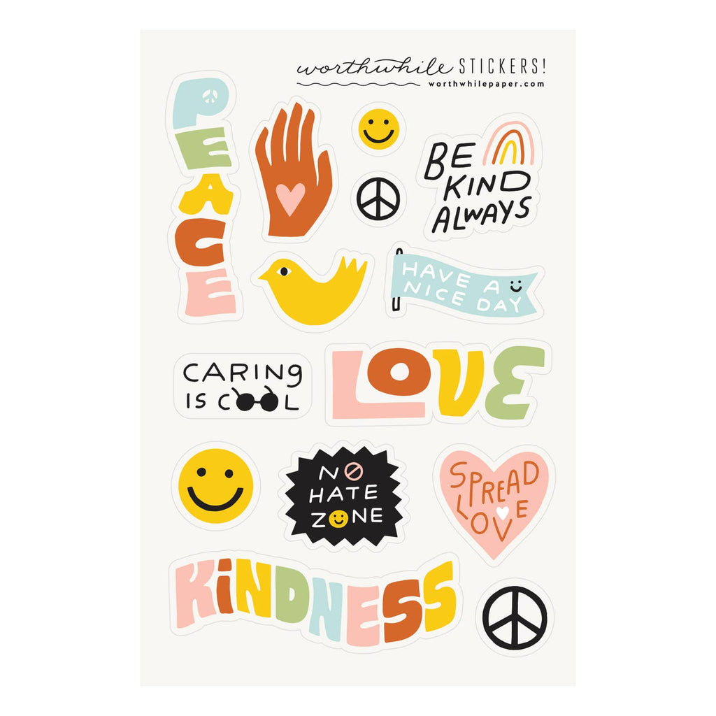 Image of sticker sheet with white background with images of hand with pink heart, yellow smiley face, pastel text lettering of "Peace", "Love", "Kindness" and black text says, "Be kind always". 